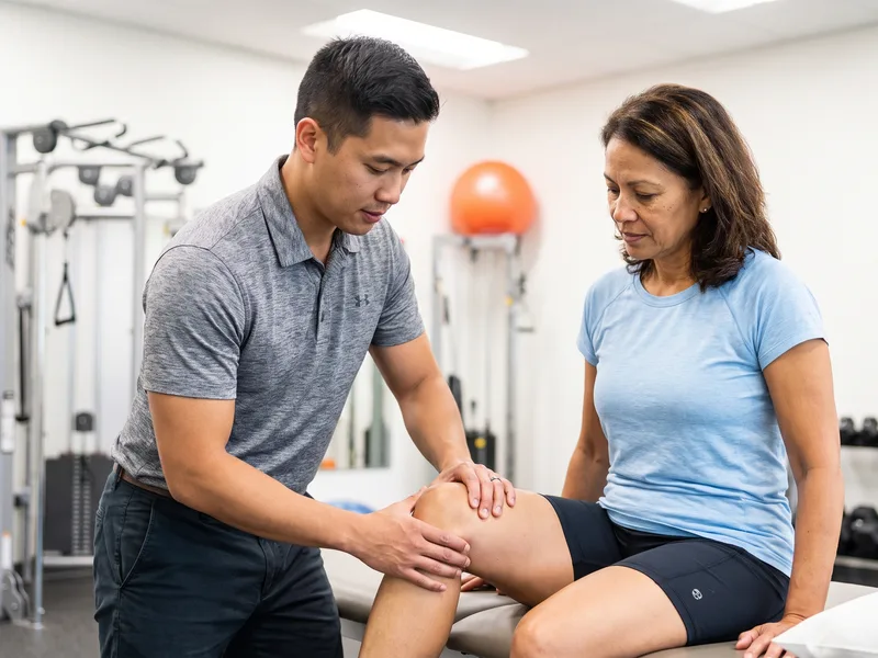 A physical therapist holding a patient&rsquo;s knee in both hands during a hands-on assessment