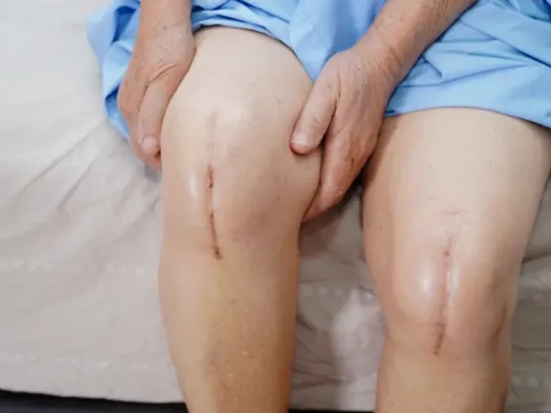A close view of a patient&rsquo;s knees showing healed surgical scars, with a hand resting on one knee