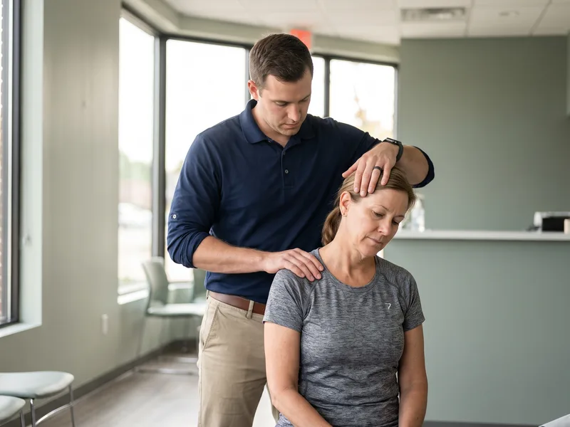 A physical therapist resting one hand on a patient&rsquo;s head and the other on their shoulder