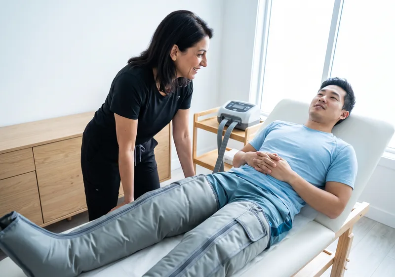 Normatec compression boots beside a treatment table at Maxicare
