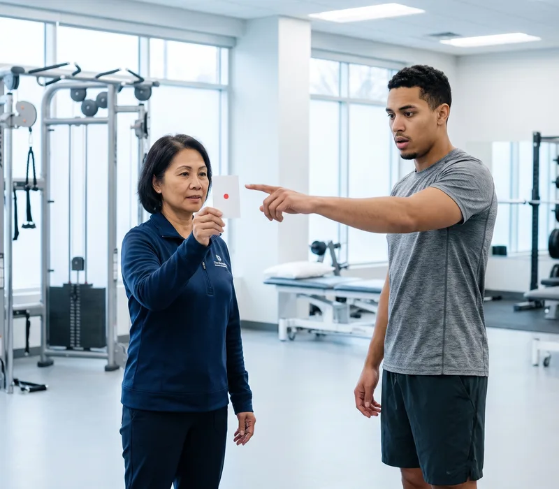 A clinician performing a balance and vestibular assessment